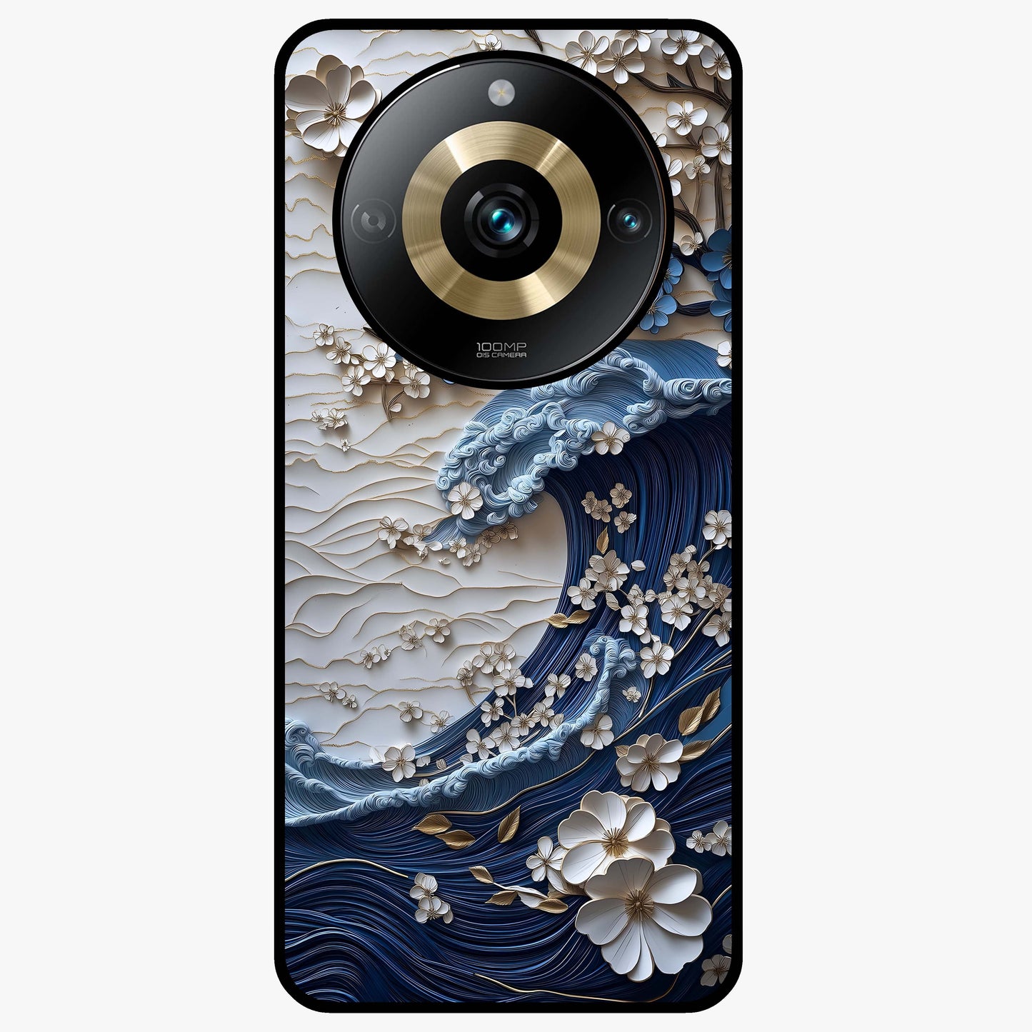Floral Wave Origami Glass Case showing flat back view with origami inspired floral wave artwork and glossy glass finish.
