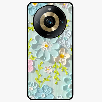 Frosted Petal Garden Glass Case showing flat back view with soft frosted floral artwork and glossy glass finish.