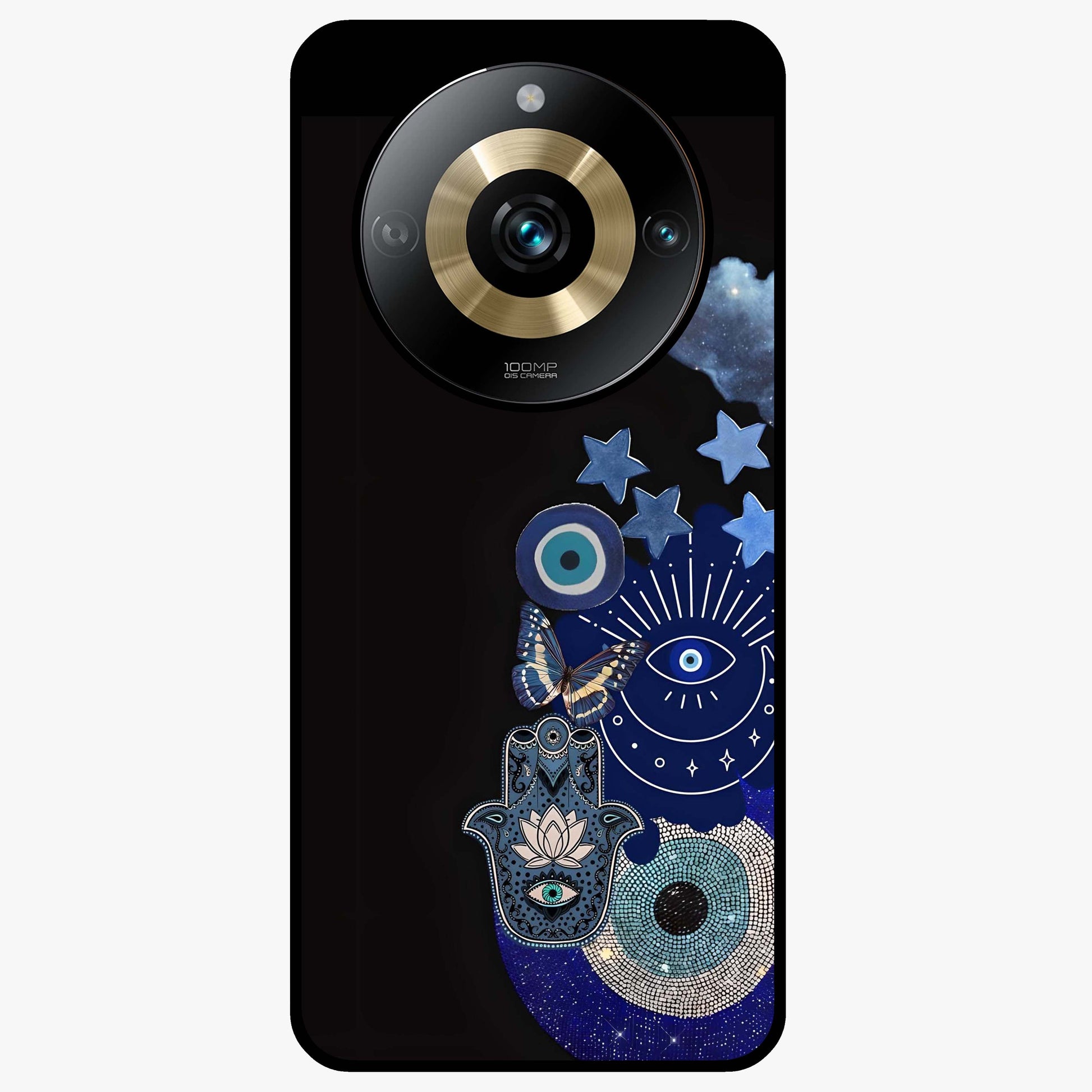 Galactic Charm Cluster Glass Case showing flat back view with glowing celestial charm artwork and glossy glass finish.