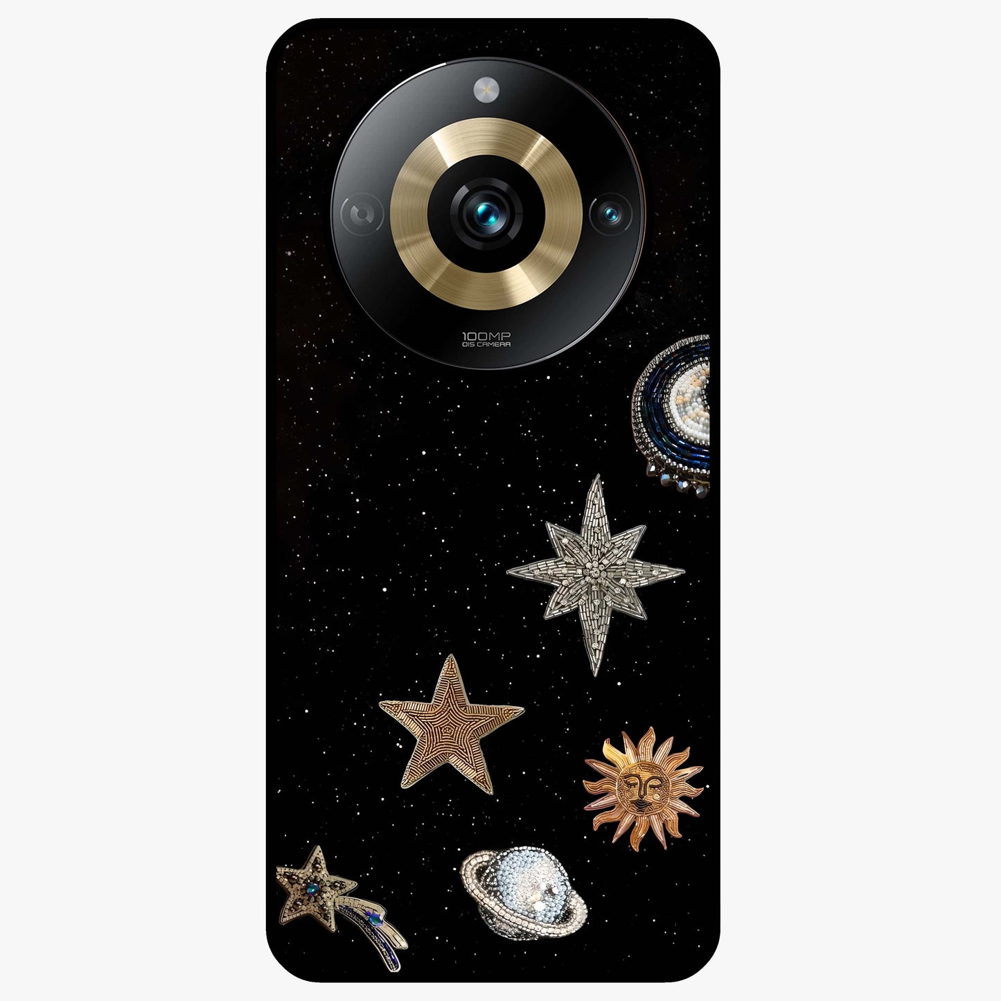 Galactic Charm Glow Glass Case showing flat back view with glowing celestial charm artwork and glossy glass finish.