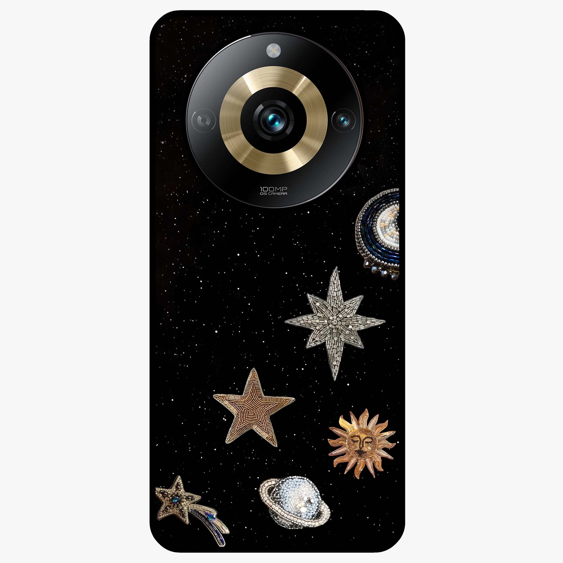 Galactic Charm Glow Glass Case showing flat back view with glowing celestial charm artwork and glossy glass finish.