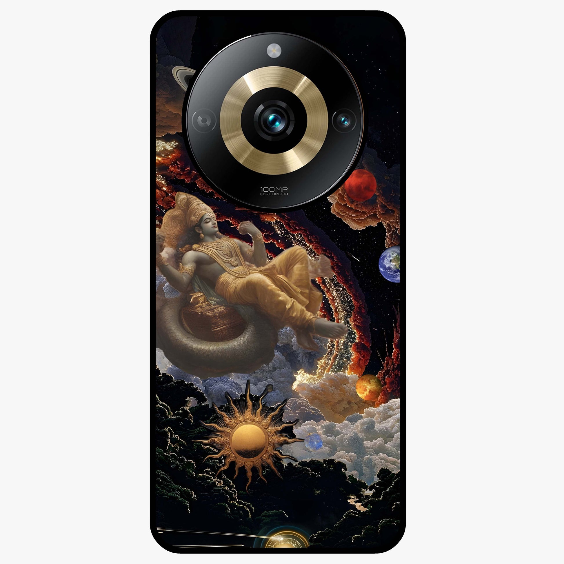 Galactic Divine God Glass Case showing flat back view with divine cosmic themed artwork and glossy glass finish.