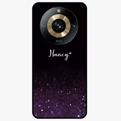 Glittery Purple Bokeh Custom Name Glass Case showing flat back view with purple bokeh sparkle artwork and personalized name design.