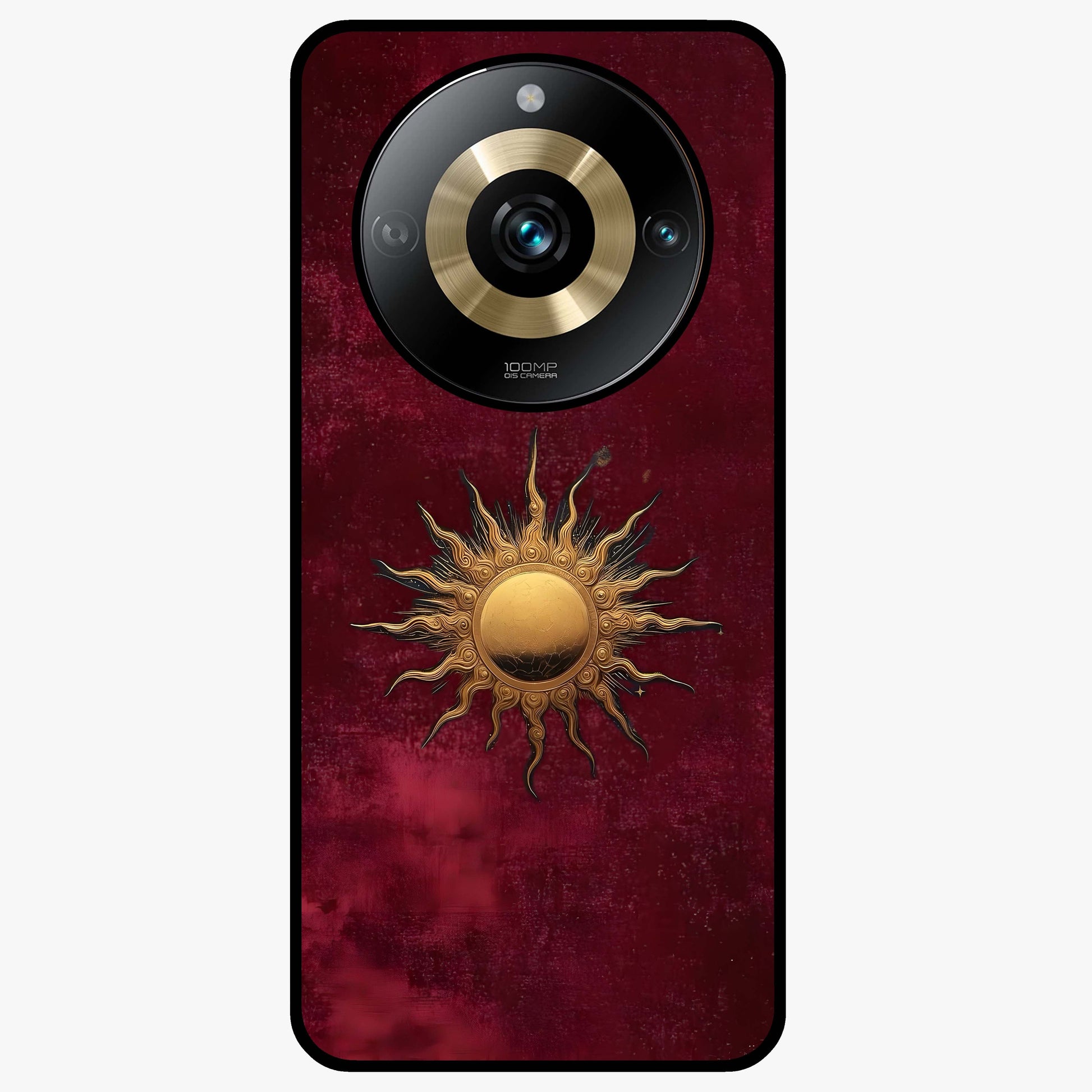 Gold Sun Blush Glass Case showing flat back view with golden sun inspired artwork and glossy glass finish.