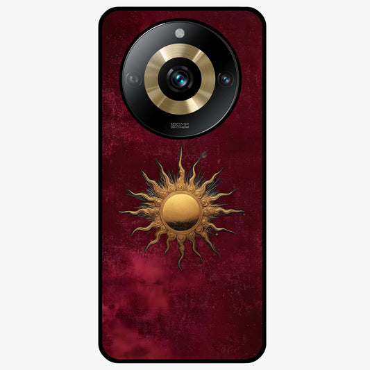 Gold Sun Blush Glass Case showing flat back view with golden sun inspired artwork and glossy glass finish.