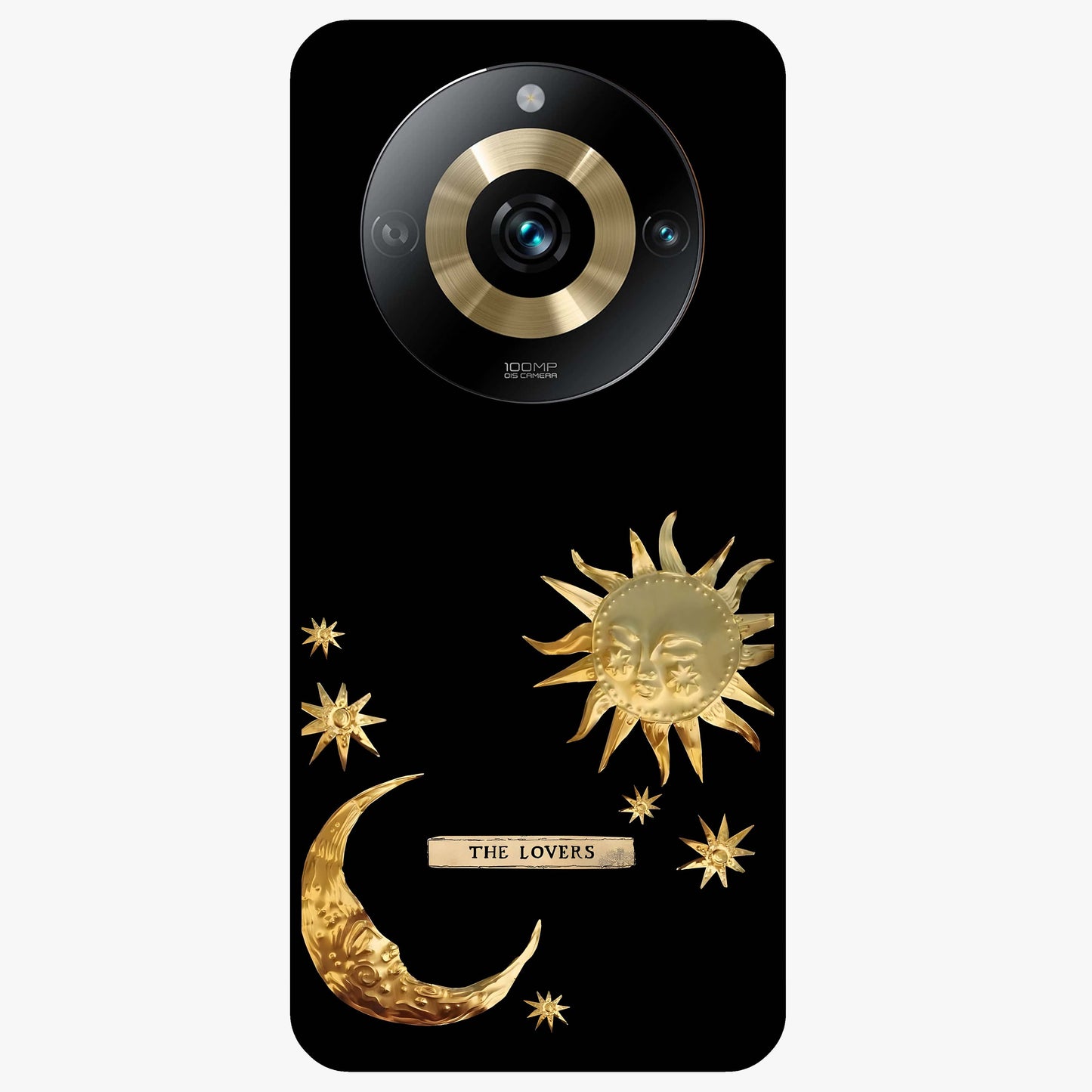 Golden Celestial Charm Glass Case showing flat back view with golden celestial charm artwork and glossy glass finish.