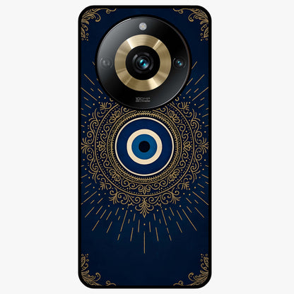 Golden Evil Eye Mandala Glass Case showing flat back view with intricate evil eye mandala artwork and glossy glass finish.