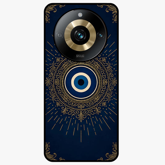 Golden Evil Eye Mandala Glass Case showing flat back view with intricate evil eye mandala artwork and glossy glass finish.