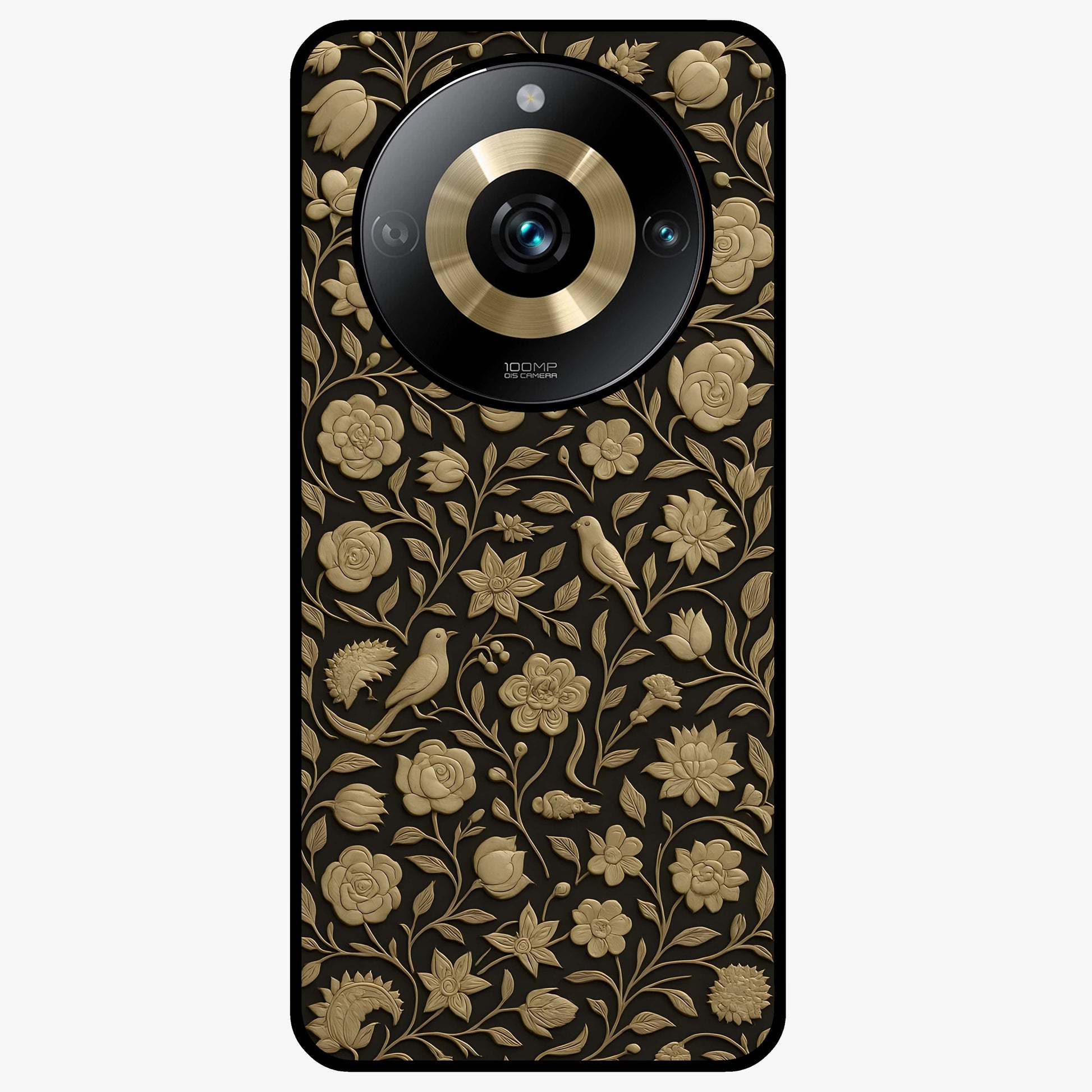 Golden Floral Majesty Glass Case showing flat back view with luxurious golden floral artwork and glossy glass finish.
