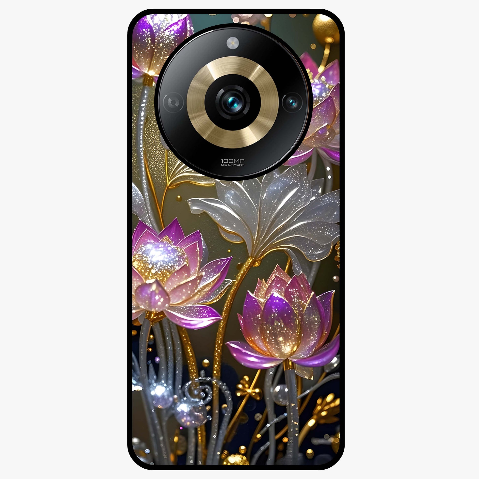 Golden Lotus Glow Glass Case showing flat back view with glowing lotus flower artwork and glossy glass finish.