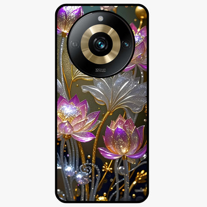 Golden Lotus Glow Glass Case showing flat back view with glowing lotus flower artwork and glossy glass finish.