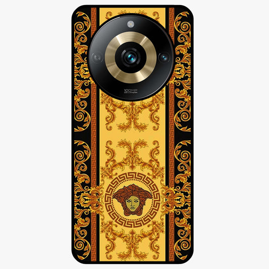 Golden Royal Heritage Glass Case showing flat back view with ornate royal pattern artwork and glossy glass finish.