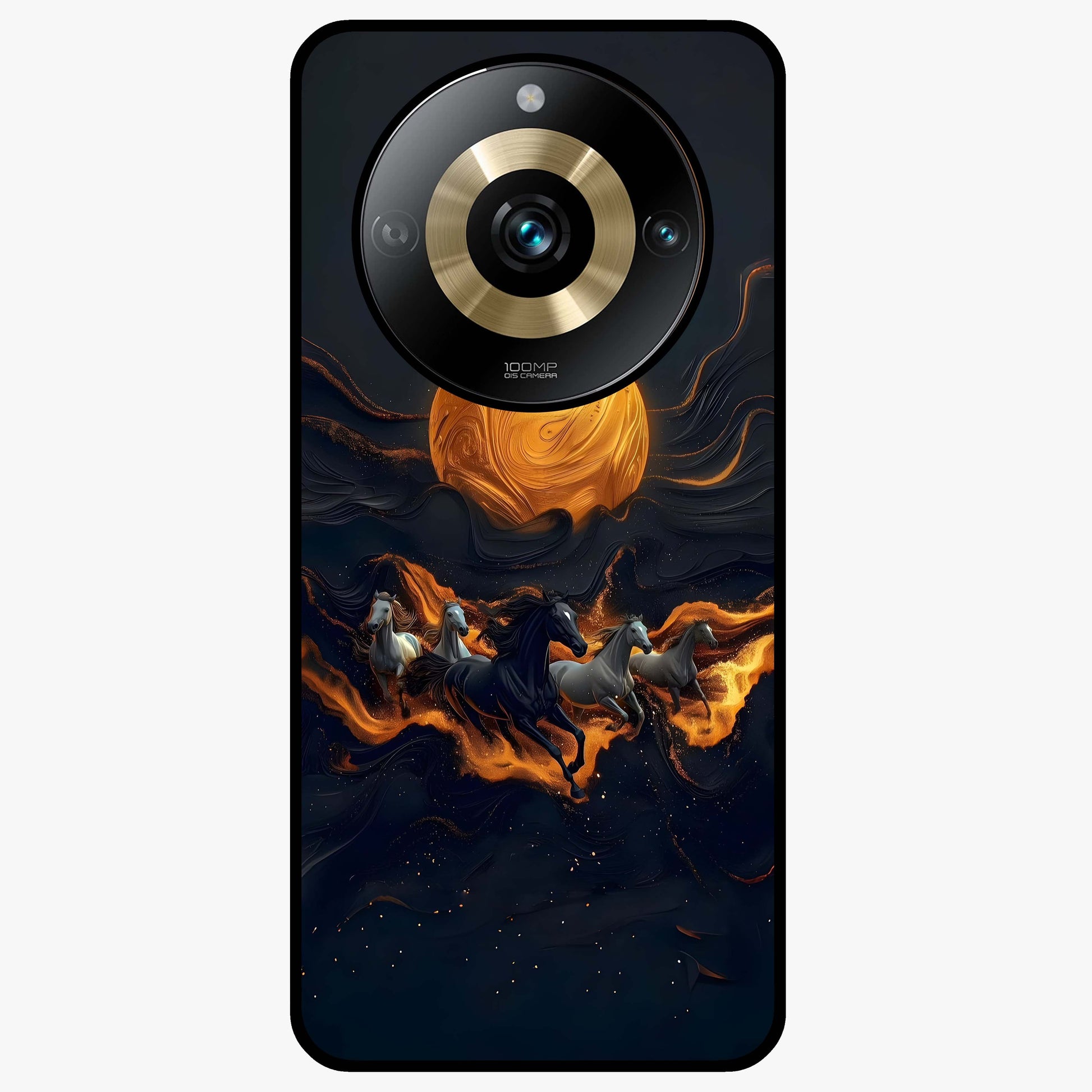 Golden Stallion Moonride Glass Case showing flat back view with majestic horse under moonlight artwork and glossy glass finish.