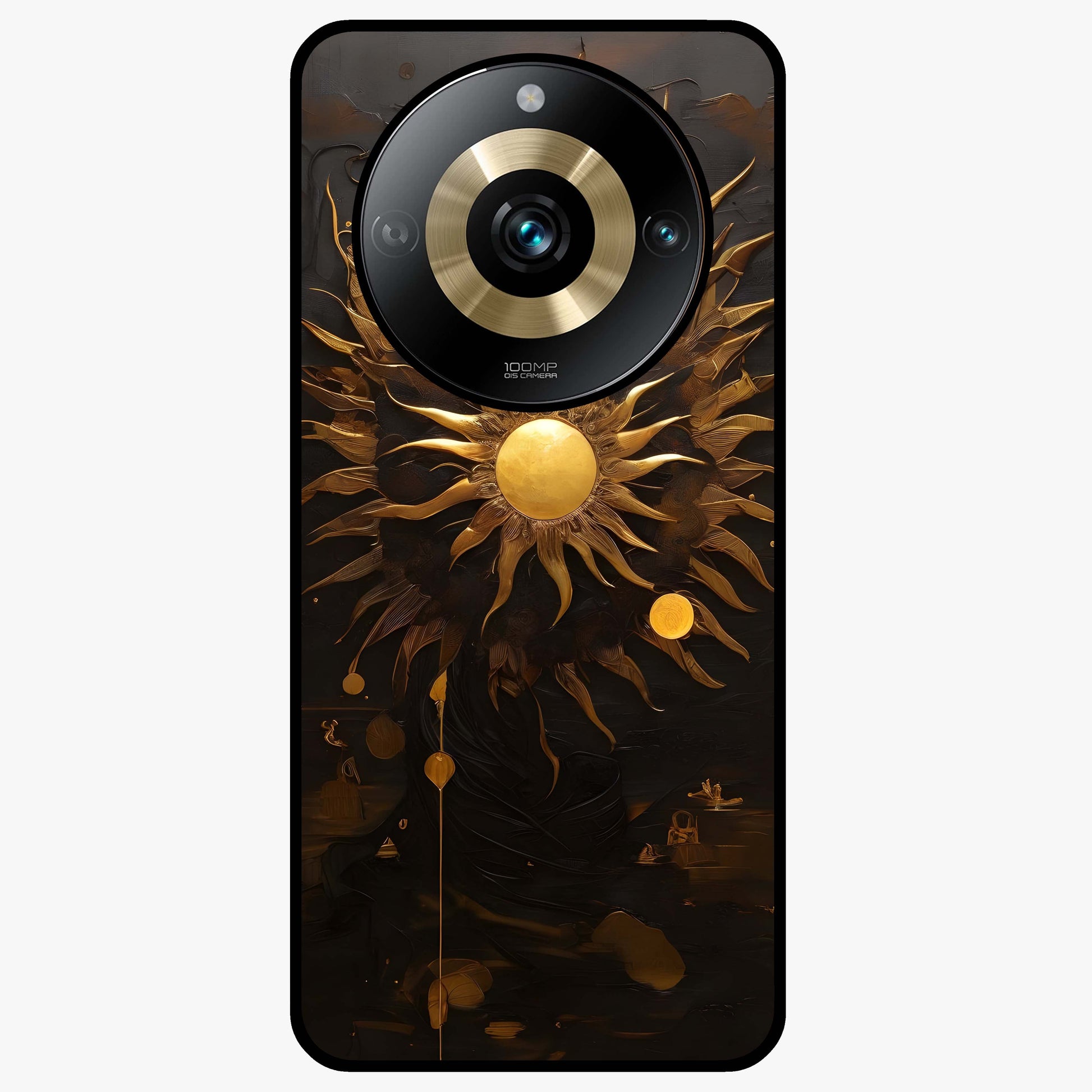 Golden Sun Majesty Glass Case showing flat back view with radiant golden sun artwork and glossy glass finish.