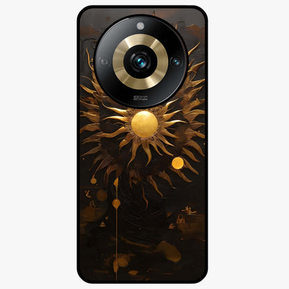 Golden Sun Majesty Glass Case showing flat back view with radiant golden sun artwork and glossy glass finish.