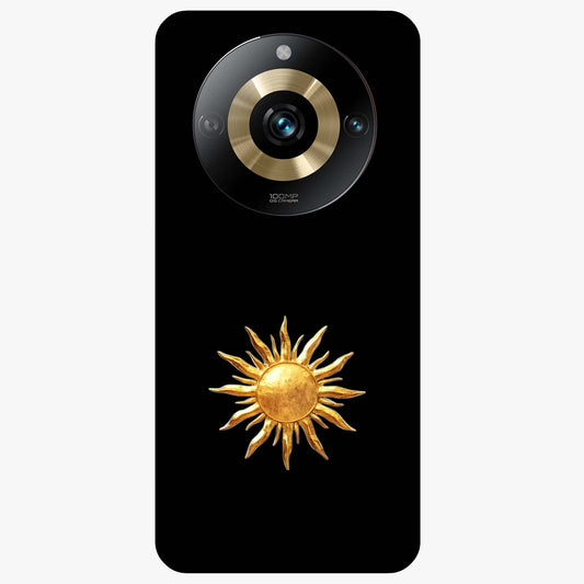 Golden Sun Minimalism Glass Case showing flat back view with minimal golden sun artwork and glossy glass finish.