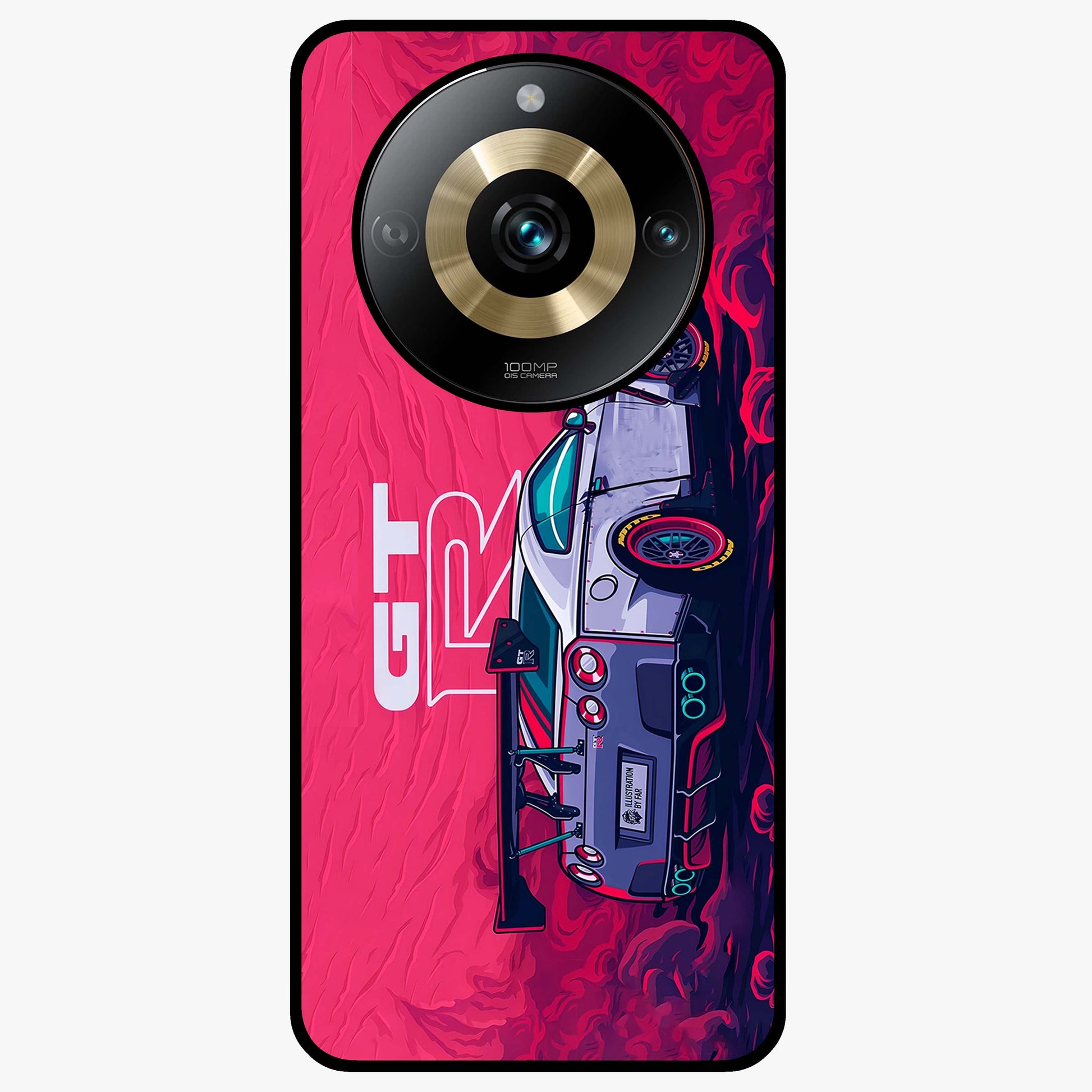 GT-R Car Pattern Glass Case showing flat back view with sporty car inspired pattern artwork and glossy glass finish.