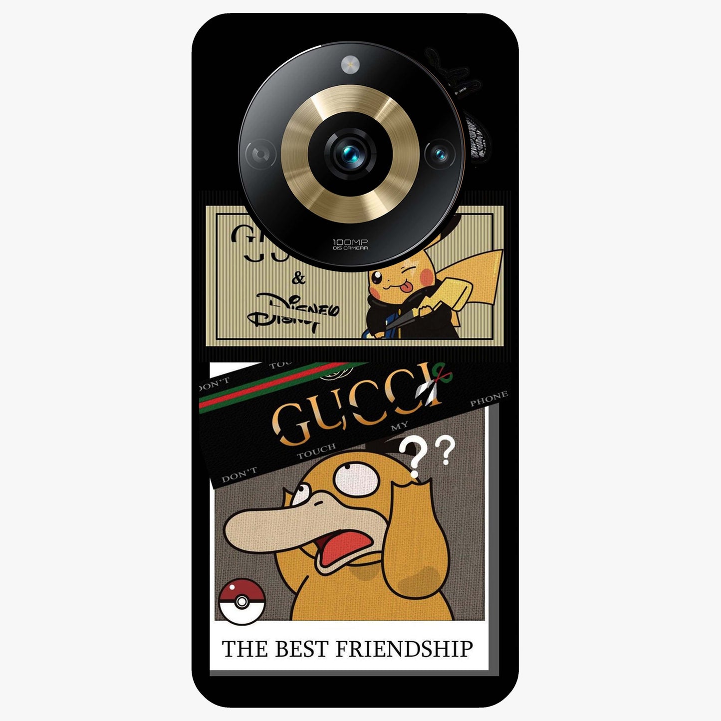 Gucci Play Mashup Glass Case showing flat back view with luxury inspired graphic artwork and glossy glass finish.