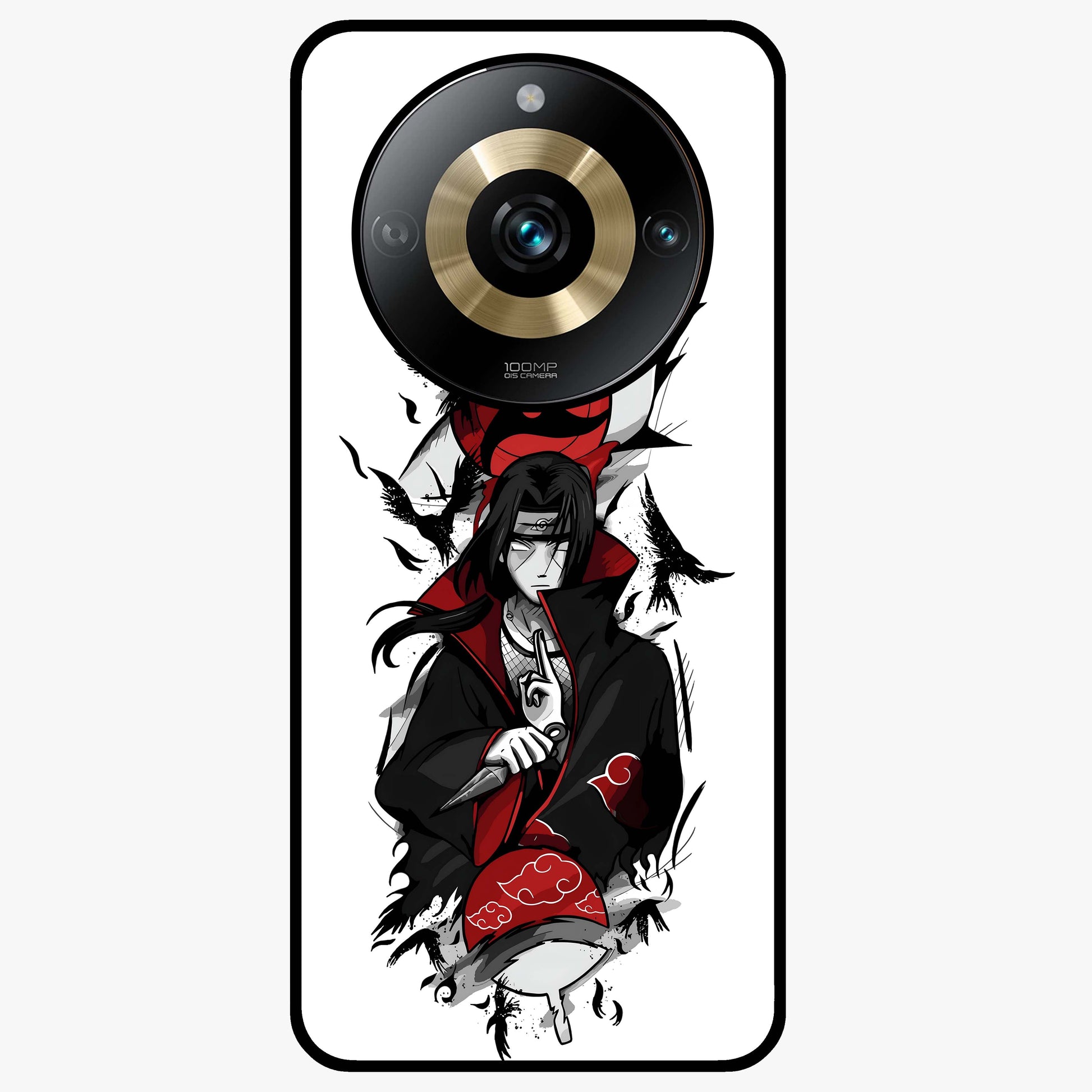 Itachi Sharingan Glass Case showing flat back view with powerful anime eye artwork and glossy glass finish.