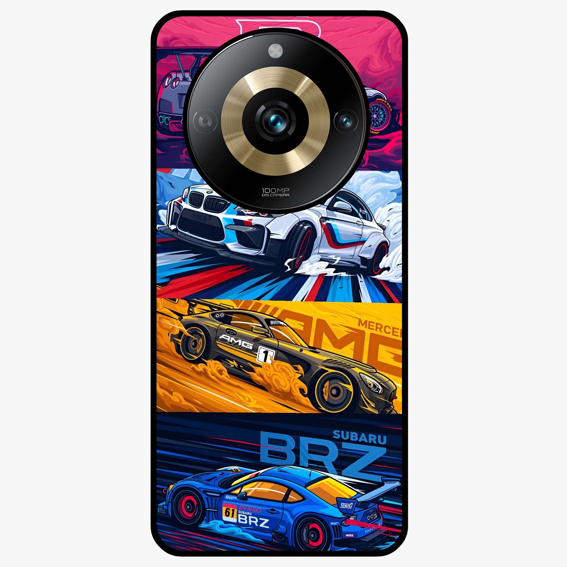 JDM Sports Car Glass Case showing flat back view with high performance sports car artwork and glossy glass finish.
