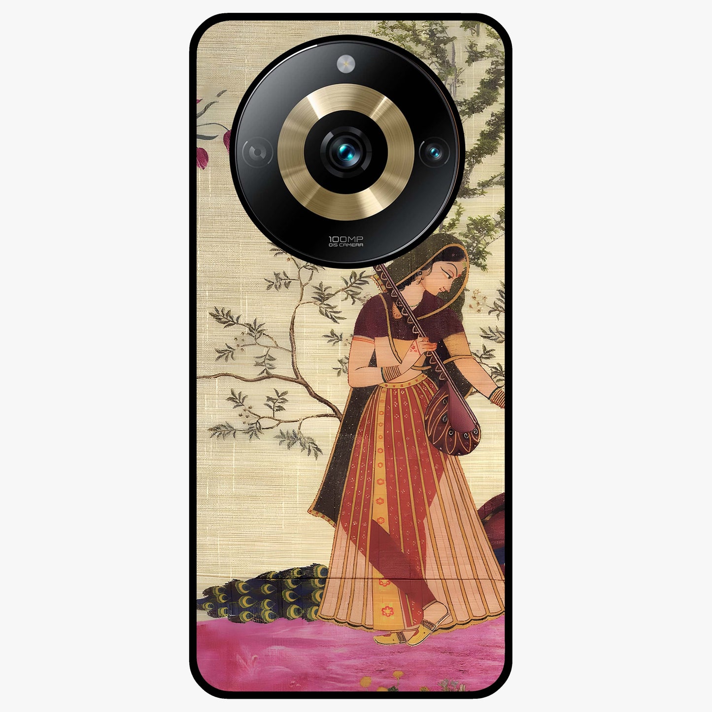 Lady With Veena Art Glass Case showing flat back view with elegant woman playing veena artwork and glossy glass finish.