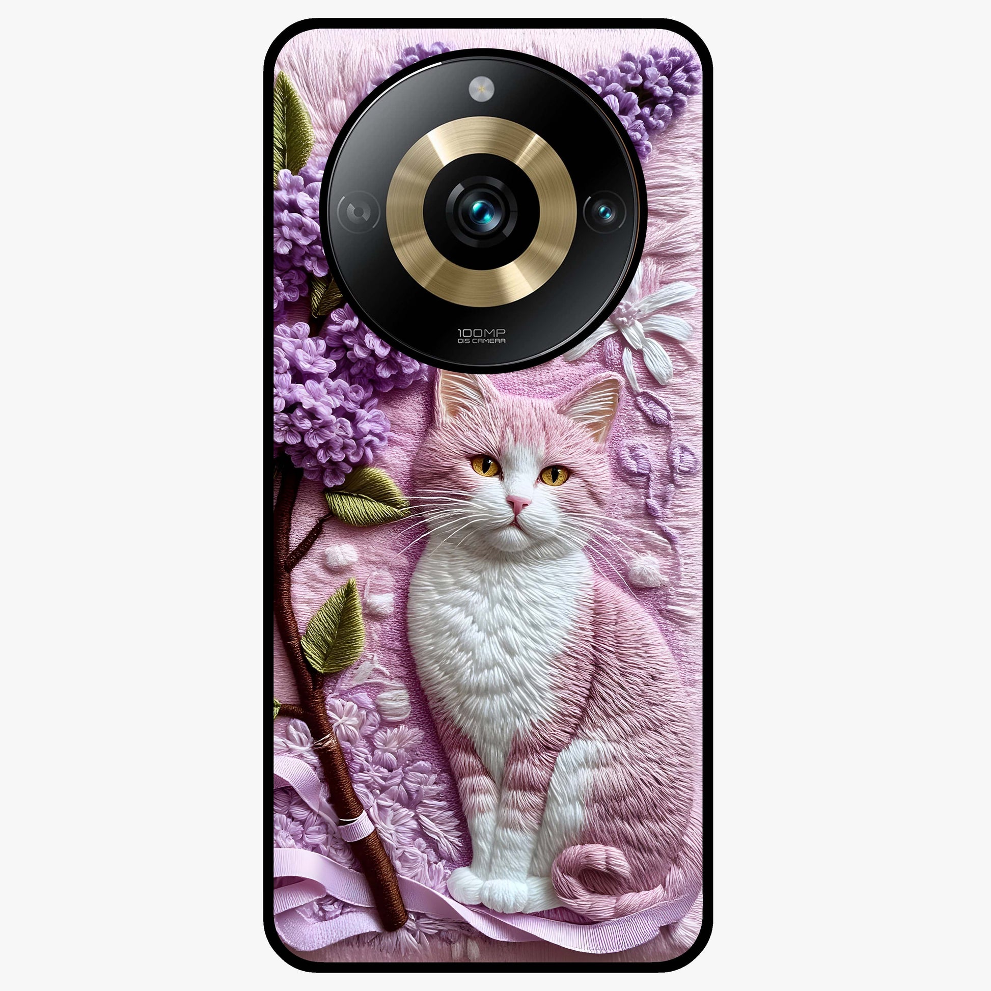 Lavender Cat Whimsy Glass Case showing flat back view with cute lavender cat artwork and glossy glass finish.