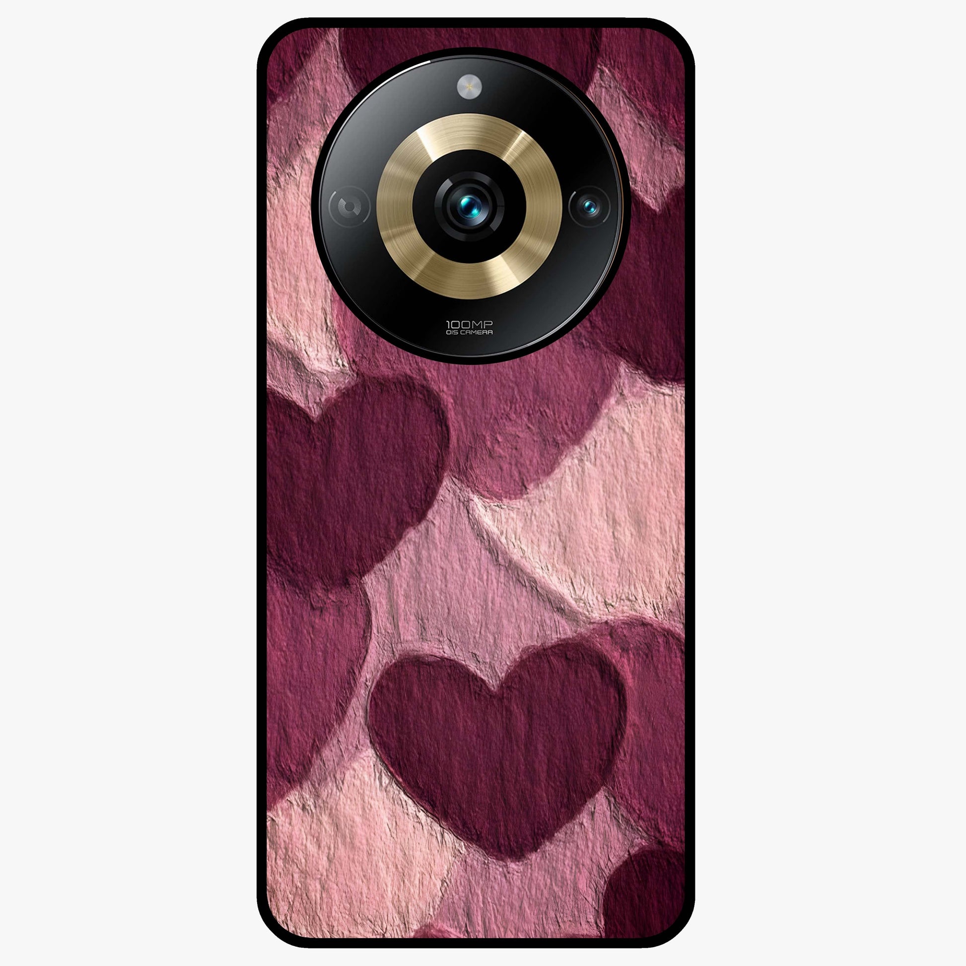 Layered Paper Hearts Glass Case showing flat back view with layered paper heart artwork and glossy glass finish.