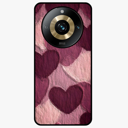 Layered Paper Hearts Glass Case showing flat back view with layered paper heart artwork and glossy glass finish.