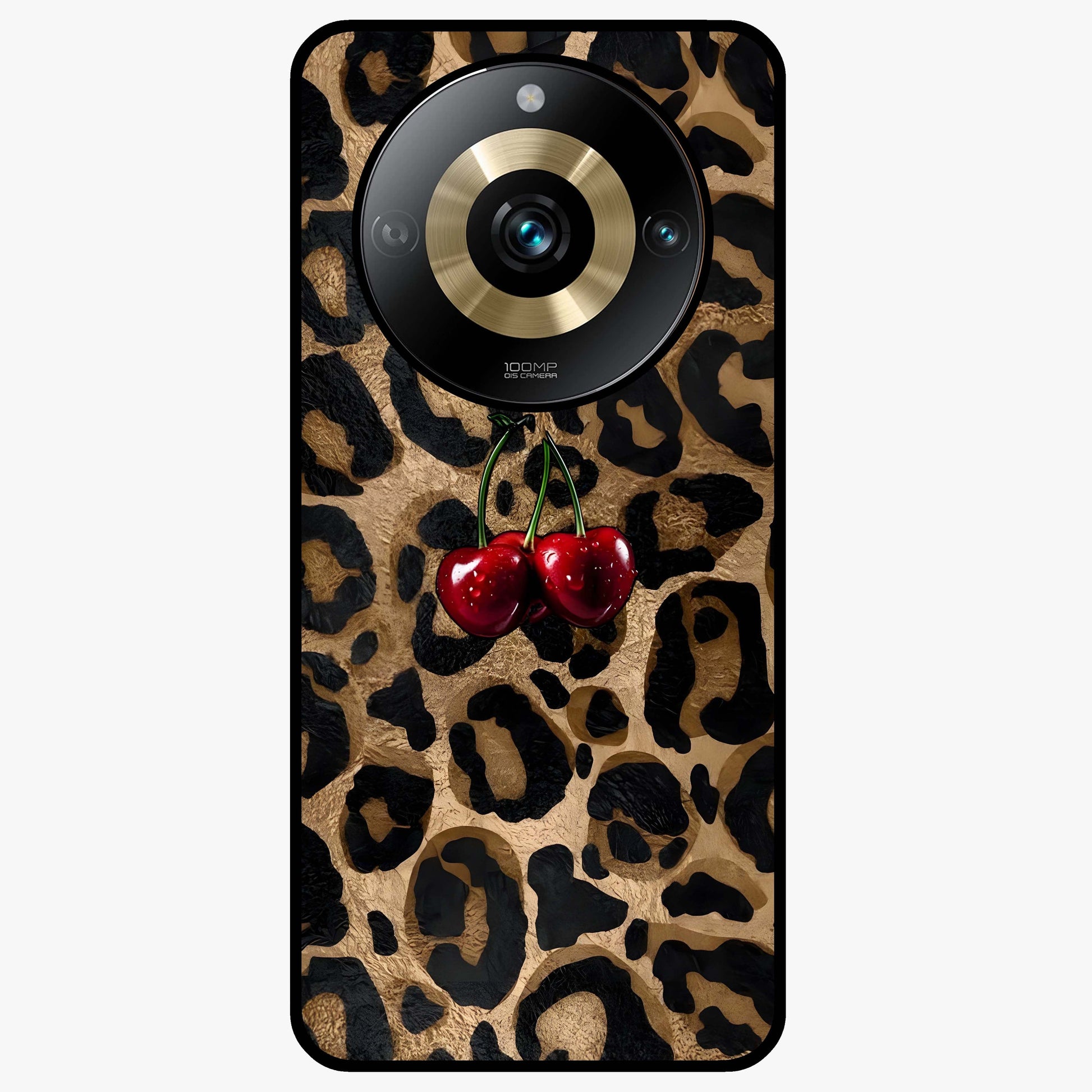 Leopard Wild Cherry Glass Case showing flat back view with leopard pattern and cherry artwork and glossy glass finish.