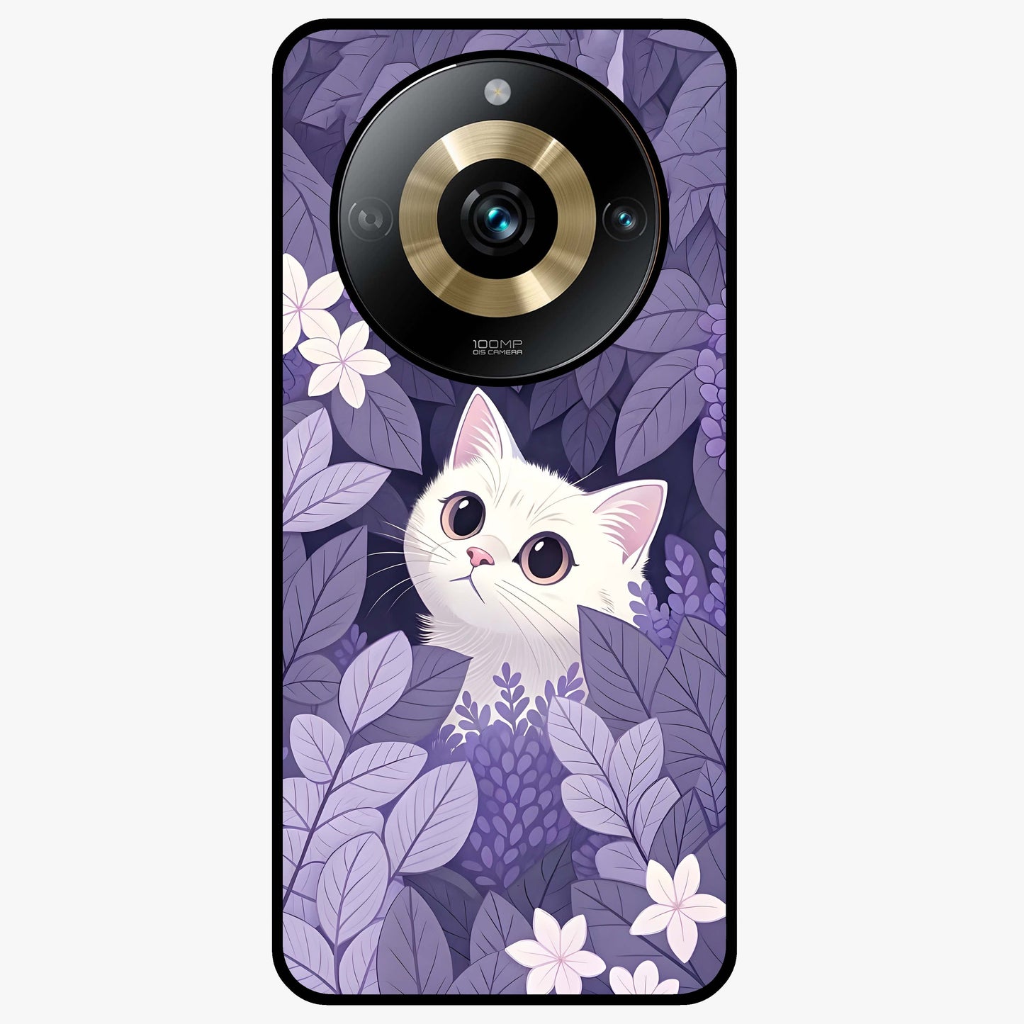 Lilac Hide Peek Cat Glass Case showing flat back view with cute peeking cat artwork and glossy glass finish.
