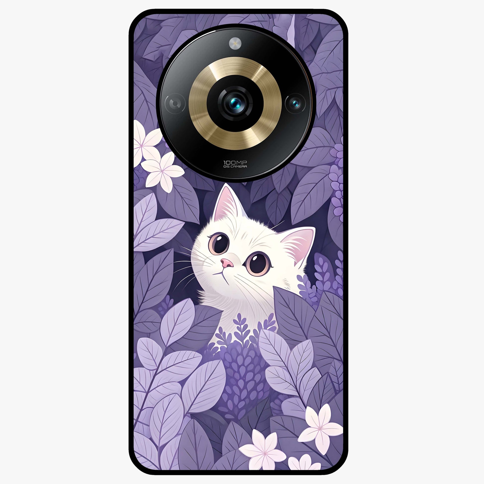 Lilac Hide Peek Cat Glass Case showing flat back view with cute peeking cat artwork and glossy glass finish.