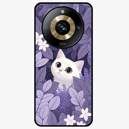 Lilac Hide Peek Cat Glass Case showing flat back view with cute peeking cat artwork and glossy glass finish.