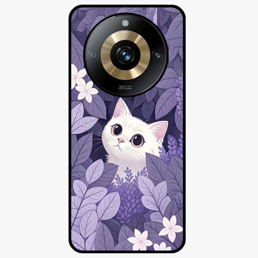 Lilac Hide Peek Cat Glass Case showing flat back view with cute peeking cat artwork and glossy glass finish.