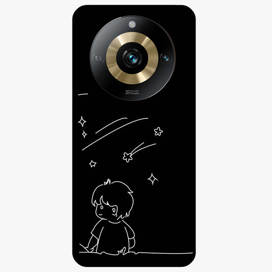 Line Art Boy With Shooting Stars Glass Case showing flat back view with minimal line art boy and shooting stars illustration and glossy glass finish.