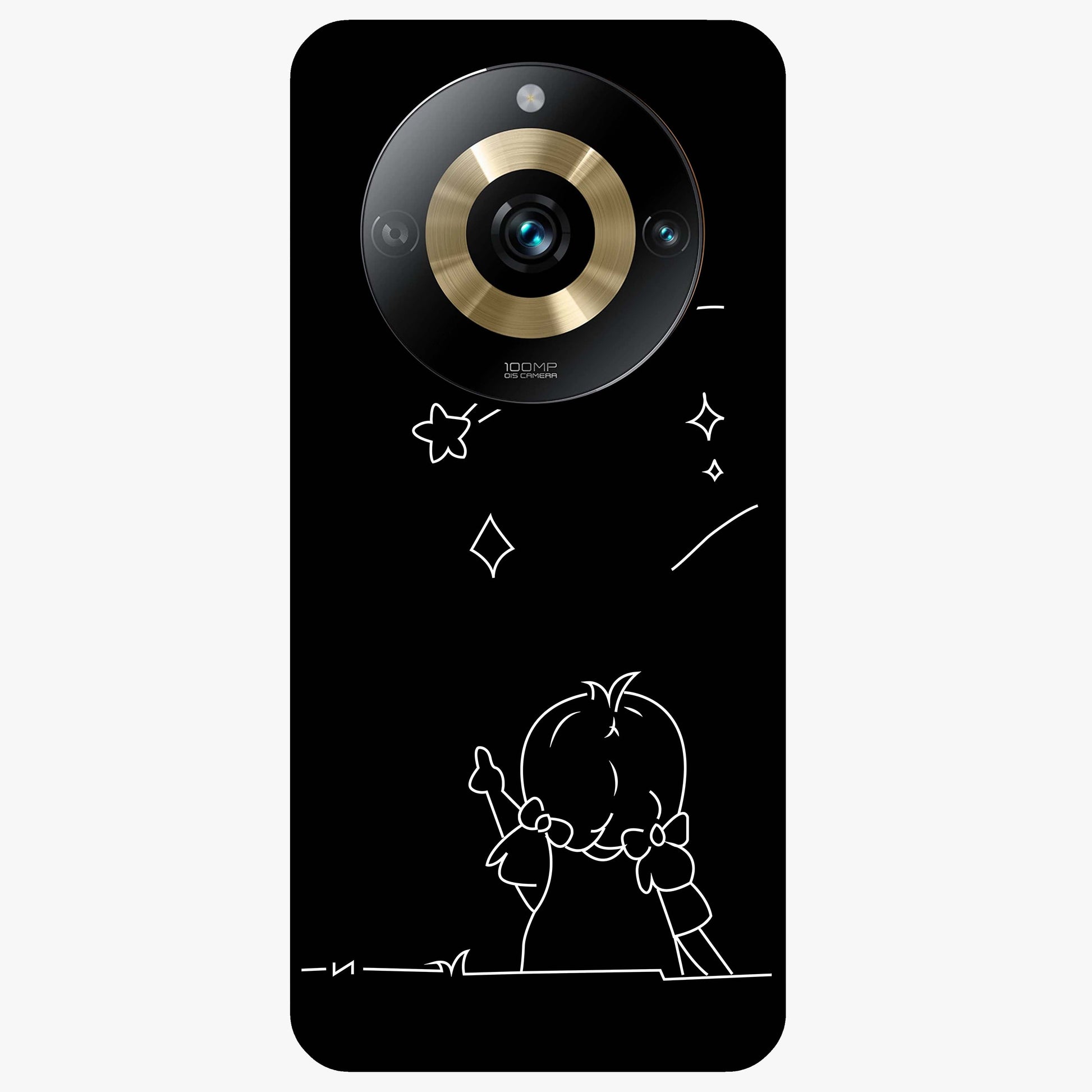 Line Art Girl With Shooting Stars Glass Case showing flat back view with minimal line art girl and shooting stars illustration and glossy glass finish.