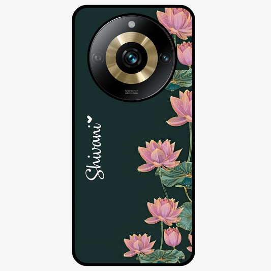 Lotus Bloom Serenity Custom Name Glass Case showing flat back view with elegant lotus flower artwork and personalized name design.