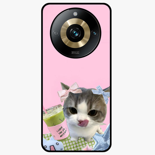 Love Matcha Cat Glass Case showing flat back view with cute cat and matcha themed artwork and glossy glass finish.