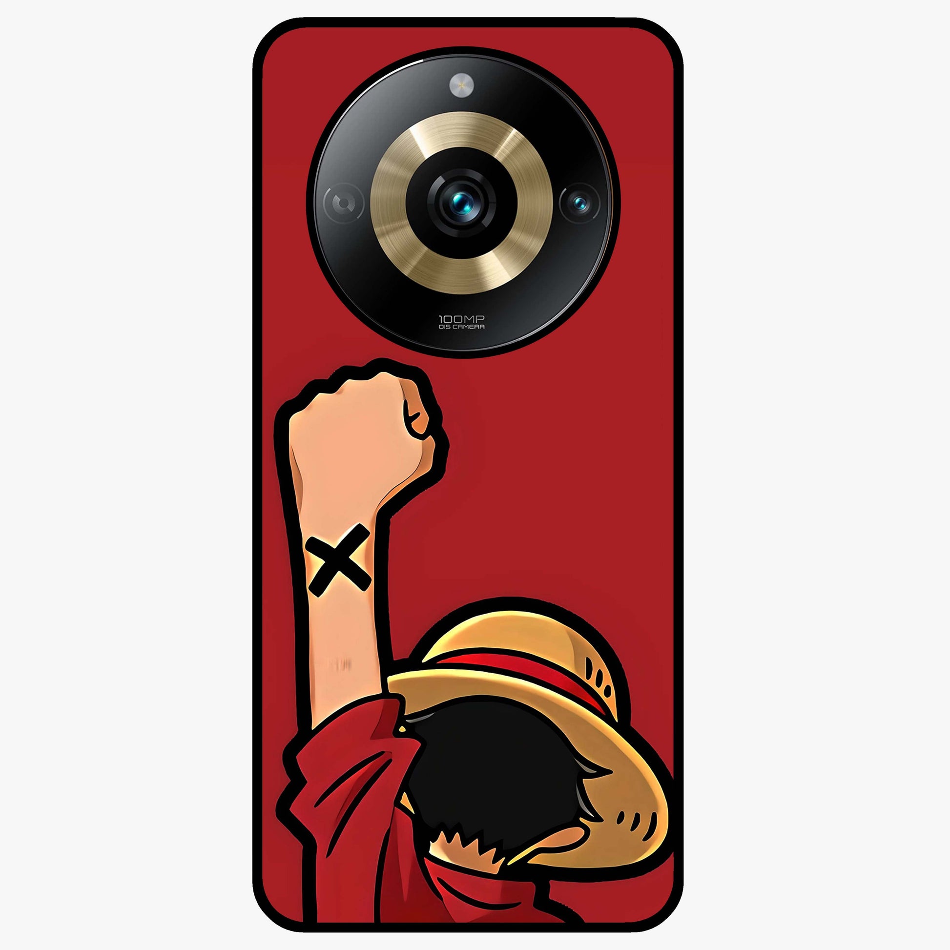 Luffy X Spirit Glass Case showing flat back view with bold anime character artwork and glossy glass finish.