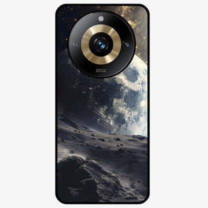 Lunar Horizon Glow Glass Case showing flat back view with glowing moon horizon artwork and glossy glass finish.