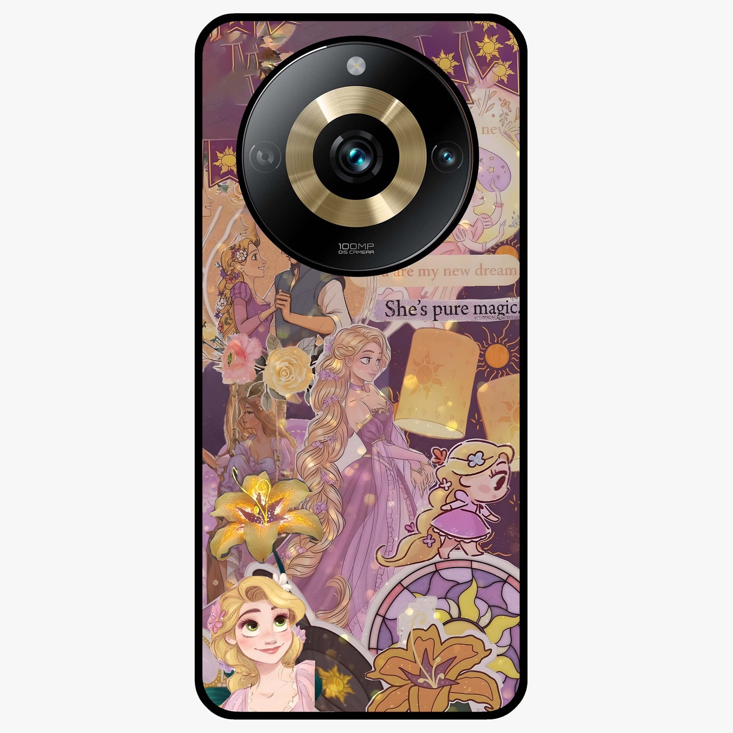 Magical Tangled Dream Glass Case showing flat back view with dreamy tangled artwork and glossy glass finish.