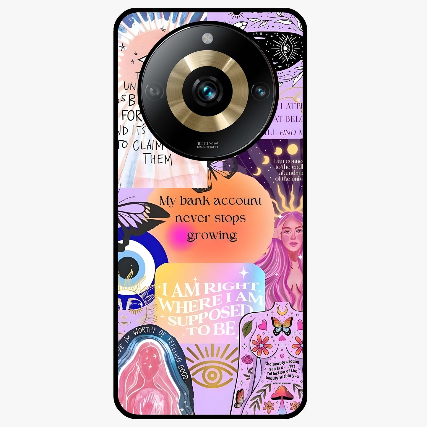 Manifestation Collage Glass Case showing flat back view with motivational collage artwork and glossy glass finish.