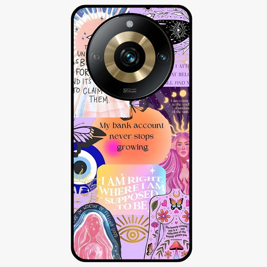 Manifestation Collage Glass Case showing flat back view with motivational collage artwork and glossy glass finish.