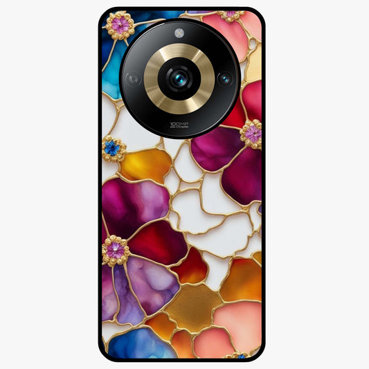 Marble Flower Pattern Glass Case showing flat back view with marble texture floral artwork and glossy glass finish.