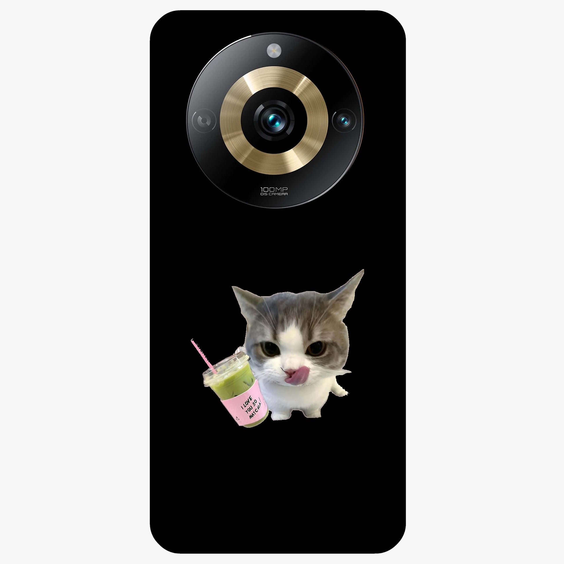 Matcha Cat Style Glass Case showing flat back view with cute matcha themed cat artwork and glossy glass finish.