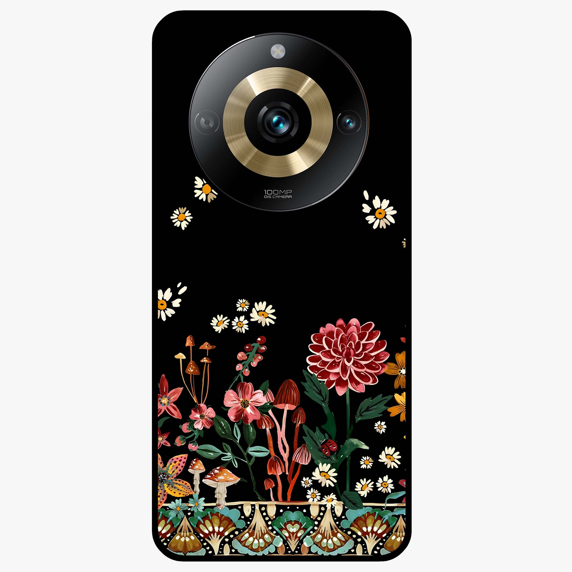 Midnight Bloom Pattern Glass Case showing flat back view with dark floral pattern artwork and glossy glass finish.