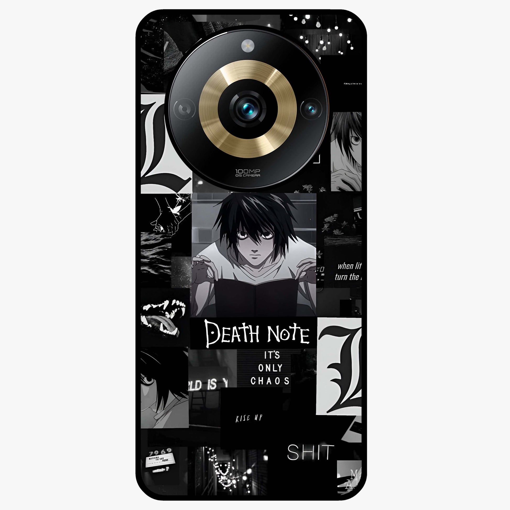 Midnight Chaos Mind Glass Case showing flat back view with abstract dark themed artwork and glossy glass finish.