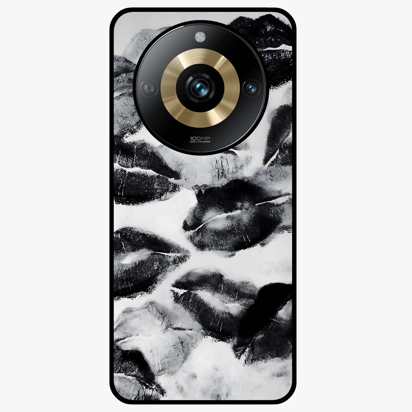 Midnight Kiss Marks Glass Case showing flat back view with lipstick kiss mark artwork and glossy glass finish.