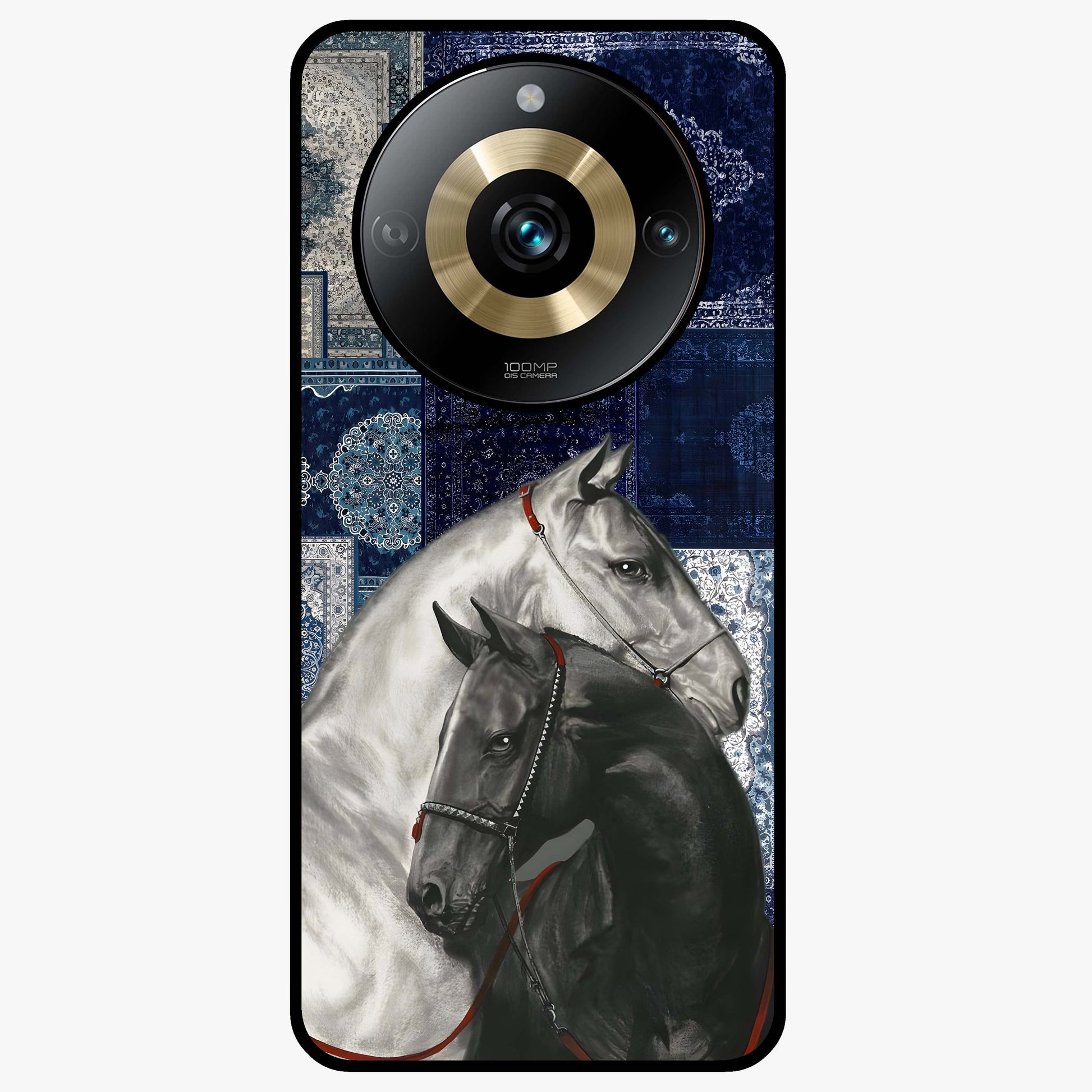 Midnight Stallion Blues Glass Case showing flat back view with majestic horse artwork and glossy glass finish.
