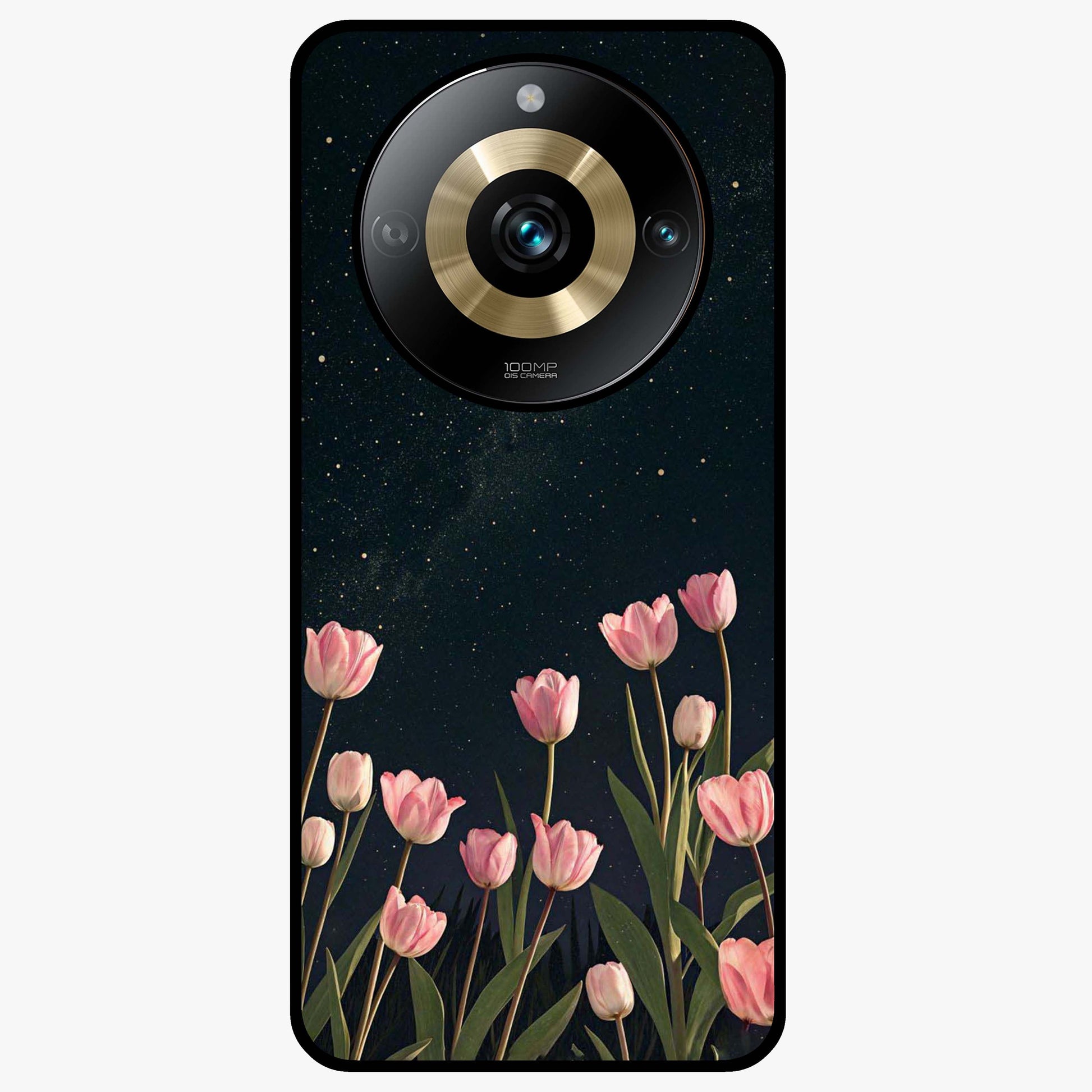 Midnight Tulip Whispers Vibe Glass Case showing flat back view with elegant tulip flower artwork and glossy glass finish.