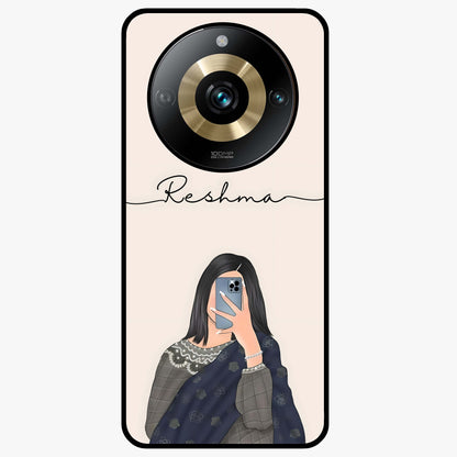Mirror Mood Muse With Custom Name Glass Case showing flat back view with stylish mirrored artwork and personalized name design.